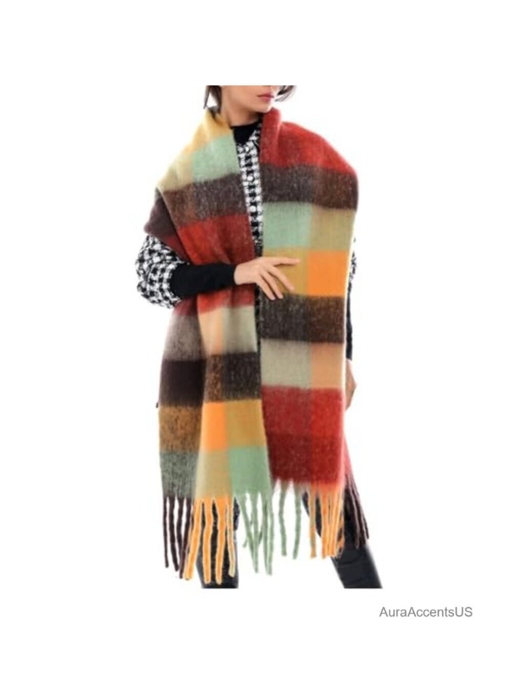 Oversized Chunky Plaid Scarf Women Winter Tassel Polyester